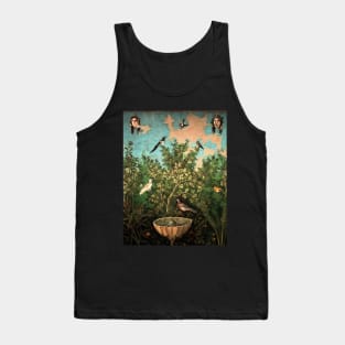 POMPEII ROMAN FRESCO ,FLYING BIRDS, DOVES, FOUNTAIN IN GARDEN, BLUE GREEN FLORAL Tank Top